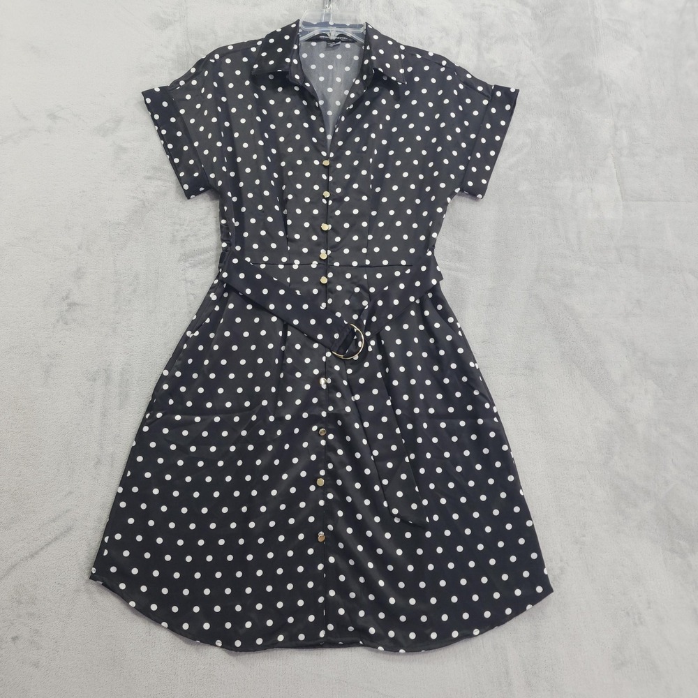 French Connection Dress Womens M Black Polka Dot Satin Belted Button Up Pockets